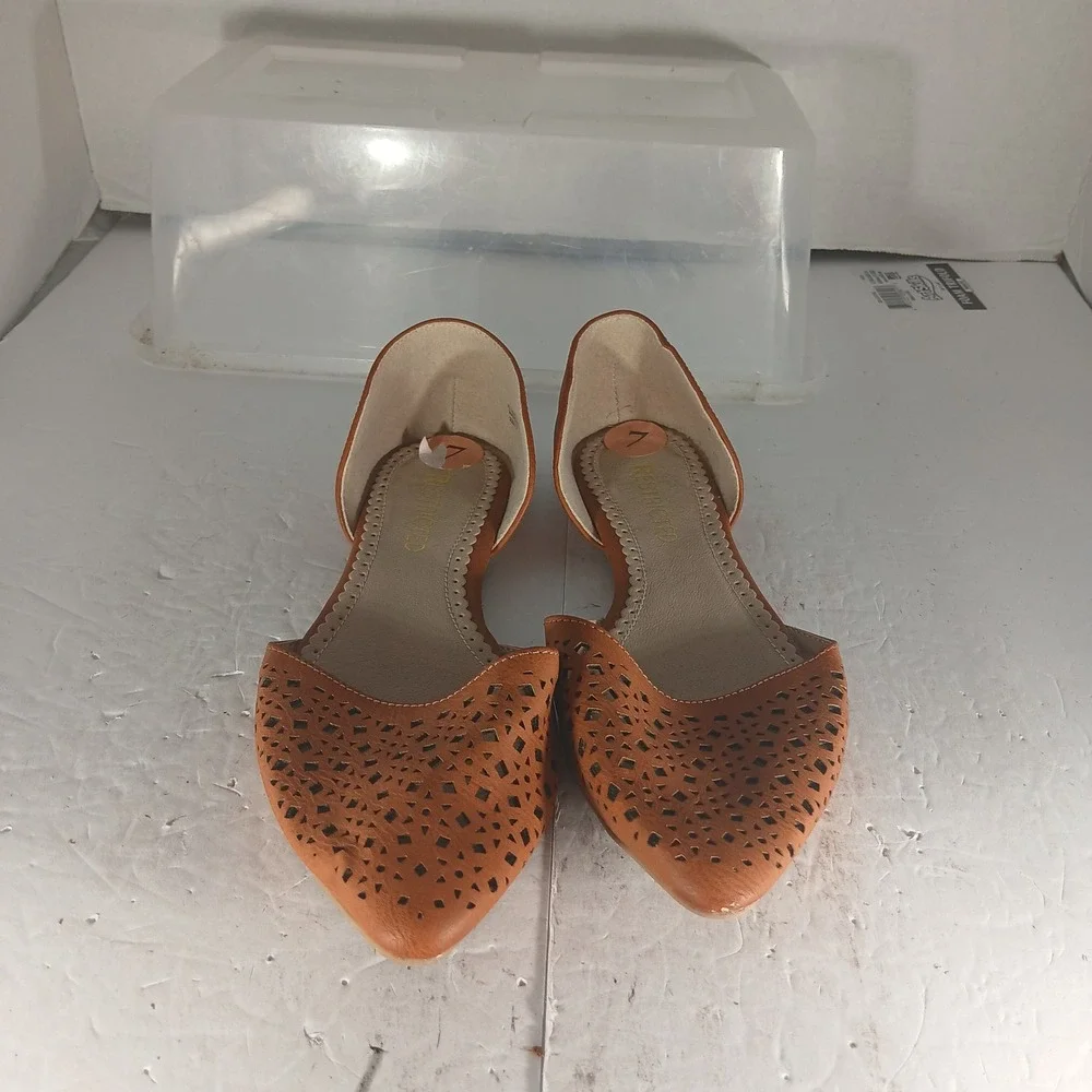 Restricted D'Orsay Flats 7 Cognac Brown Laser Cut Pointed Toe Vegan Leather Boho